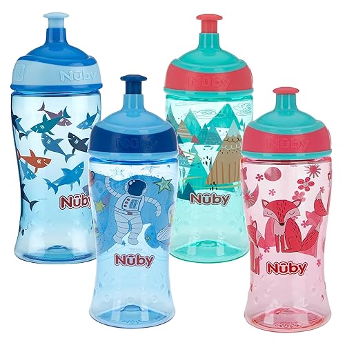 Nuby Printed Kids Pop Up Sipper Water Bottle, Colors May Vary, 1 Pack, 12 Oz., Multi