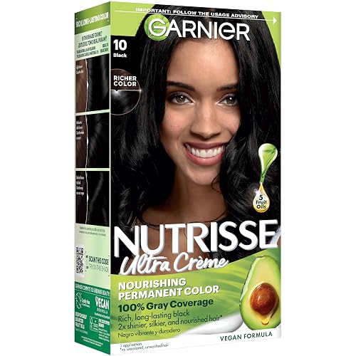 Garnier Nutrisse Ultra Crème Hair Color, Permanent Hair Dye with 100% Gray Coverage, Vegan & Cruelty-Free, 10 Black (Licorice), 1 Count