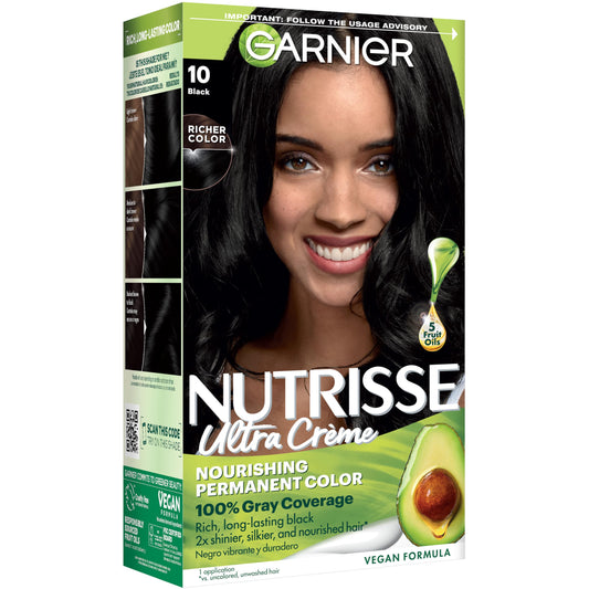 Garnier Nutrisse Ultra Crème Hair Color, Permanent Hair Dye with 100% Gray Coverage, Vegan & Cruelty-Free, 10 Black (Licorice), 1 Count Beauty & Personal Care Garnier