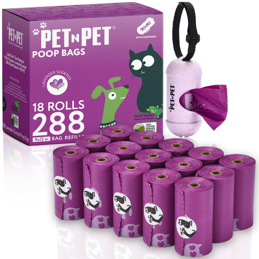 Pet N Pet Dog Poop Bags – 288 Lavender Scented Rolls with Dispenser, USDA Certified 38% Plant-Based, Leak-Proof Waste Bags for Dogs