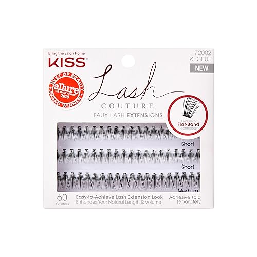 KISS Lash Couture Faux Mink Lash Extensions, Style 'Venus', Exclusive Flat-Band Technology, Short & Medium Length, 60 Individual Lash Clusters, Glue