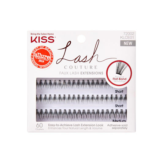 KISS Lash Couture Faux Mink Lash Extensions, Style 'Venus', Exclusive Flat-Band Technology, Short & Medium Length, 60 Individual Lash Clusters, Glue