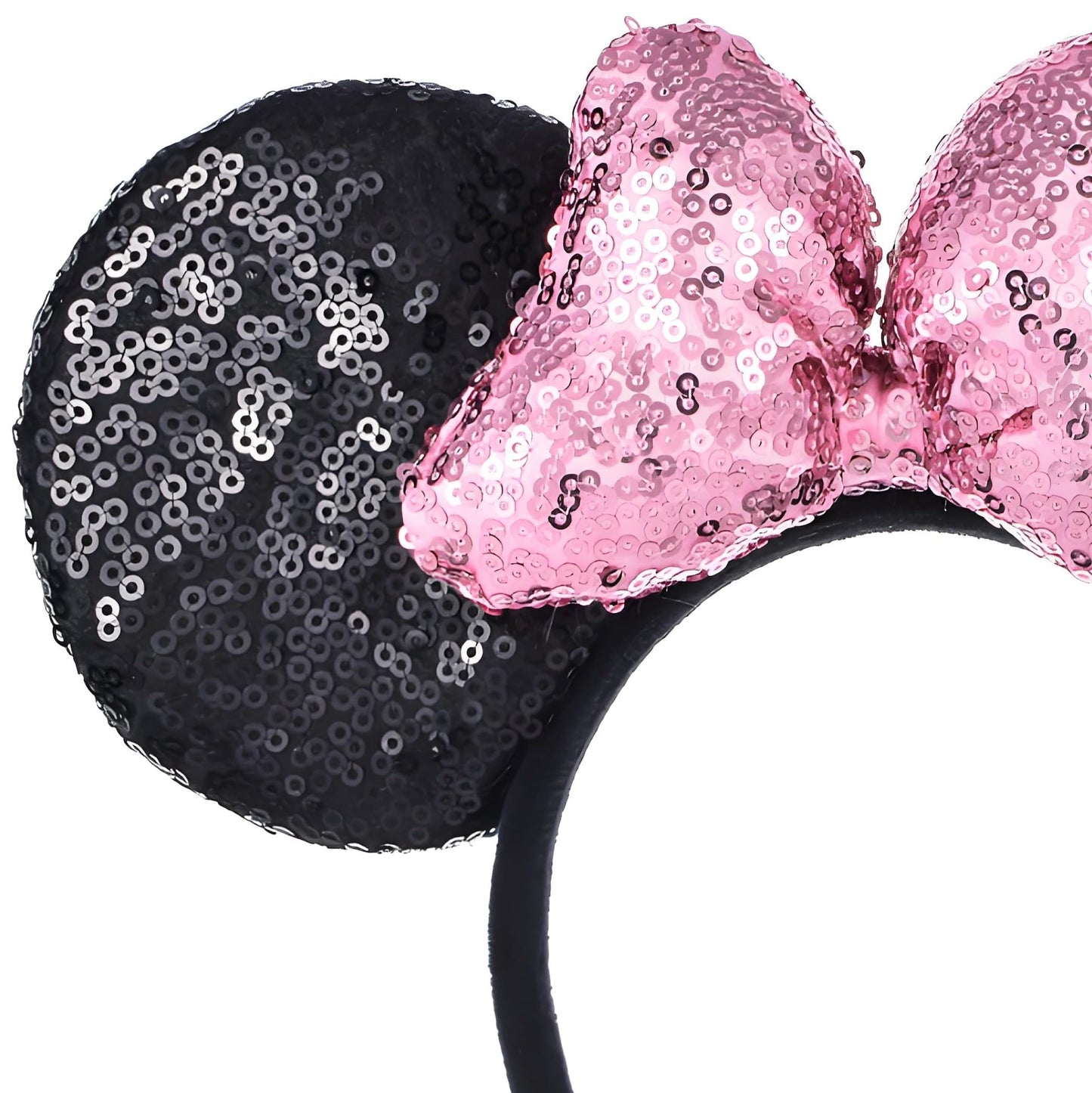 A Miaow 3D Black Mouse Sequin Ears Headband MM Glitter Butterfly Hair Clasp Park Supply Adults Women Photo Accessory (Black and Pink)