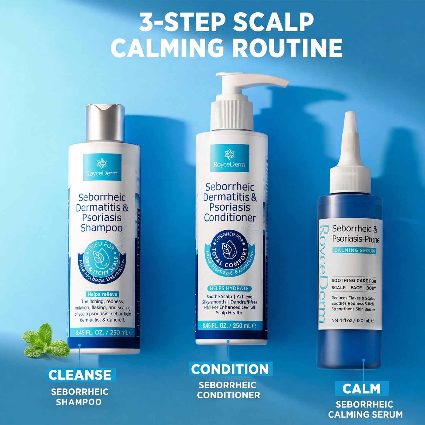 Roycederm 3-Step Routine Bundle for Seborrheic Dermatitis & Psoriasis Scalp Care - Shampoo + Conditioner + Calming Serum