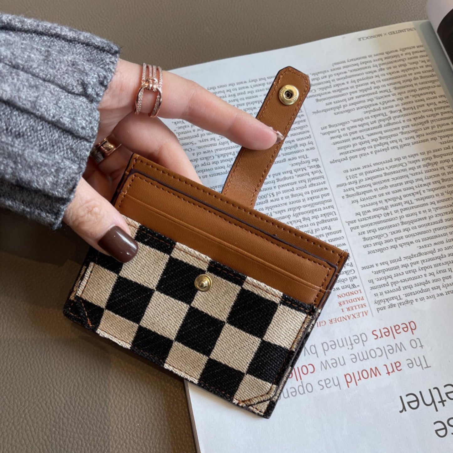 TURBOOST Cute Slim Card Holder Canvas Front Pocket Checkered Wallet, Small Credit Card Case for Women (Brown)
