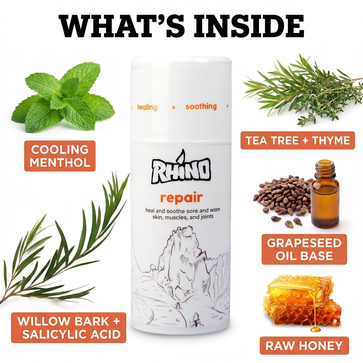 Rhino Skin Solutions Repair Cream Made for Your Adventure, Hand Repair Cream for Dry Cracked Hands, Non Greasy Hand Lotion with Honey and Tea Tree