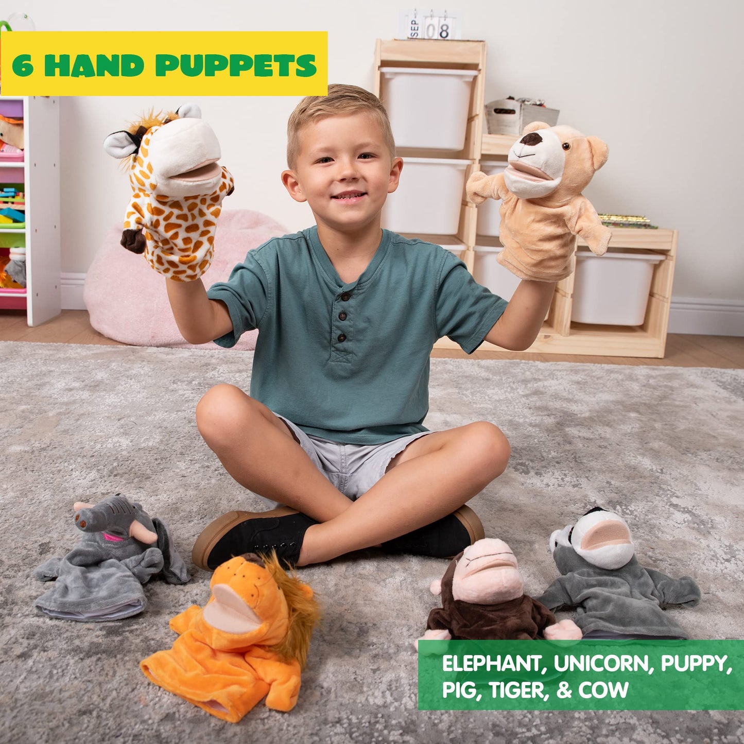 JOYIN 6Pcs Kids Hand Puppet Set with Working Mouth, Toddler Animal Plush Toy Includes Elephant, Giraffe, Lion, Bear, Raccoon and Monkey for Show…