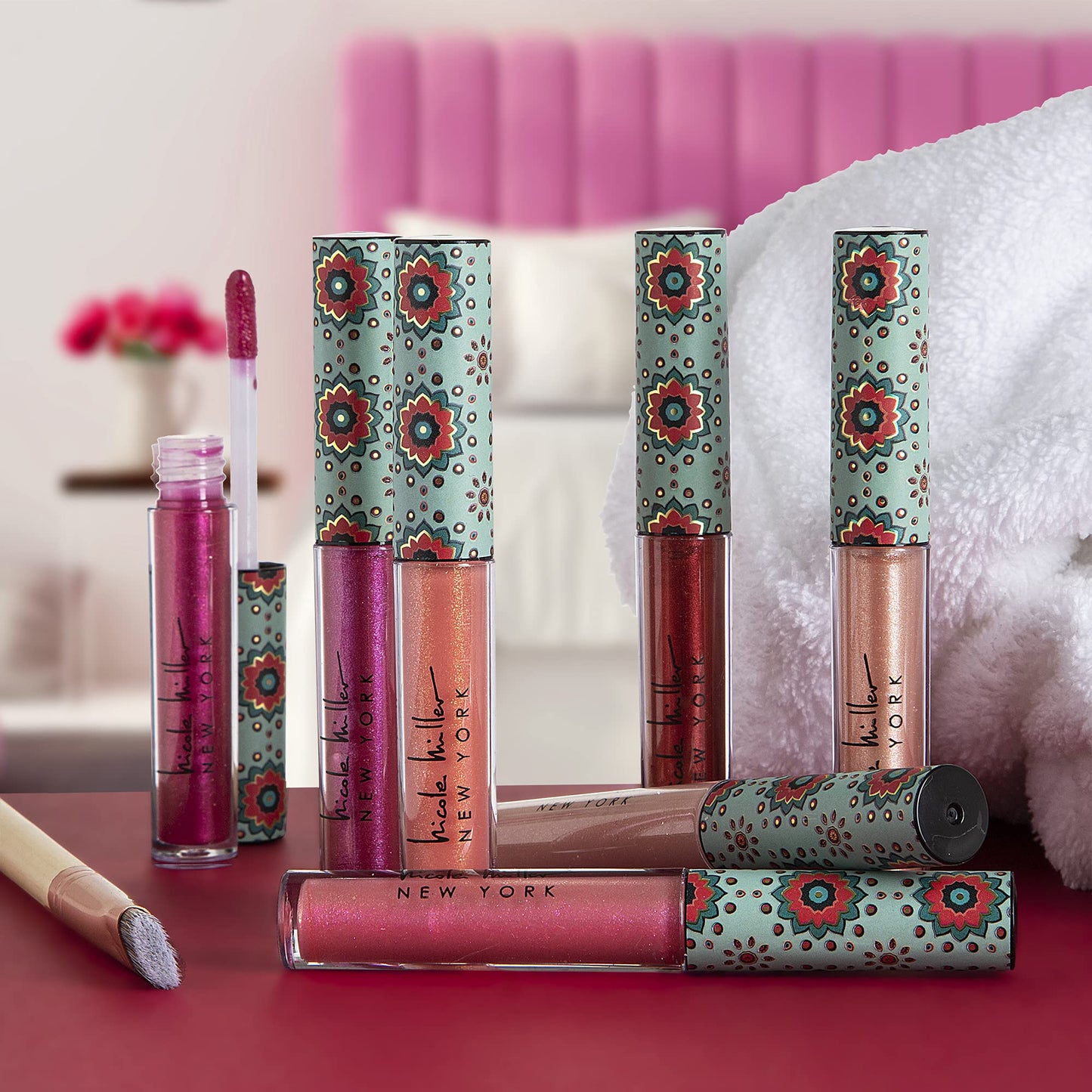 Nicole Miller Lip Gloss Collection Shimmery Glosses for Women and Girls Long Lasting Color Set with Rich Varied Colors, Pink Glossy, 10 Count (Pack
