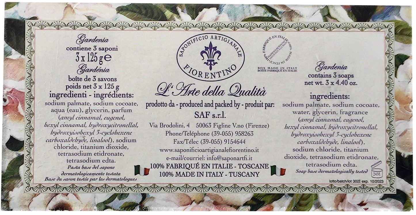 Saponificio Artigianale Fiorentino Luxury Soap Set of 3 Hand Made 4.40 Ounce Bars - Gardenia