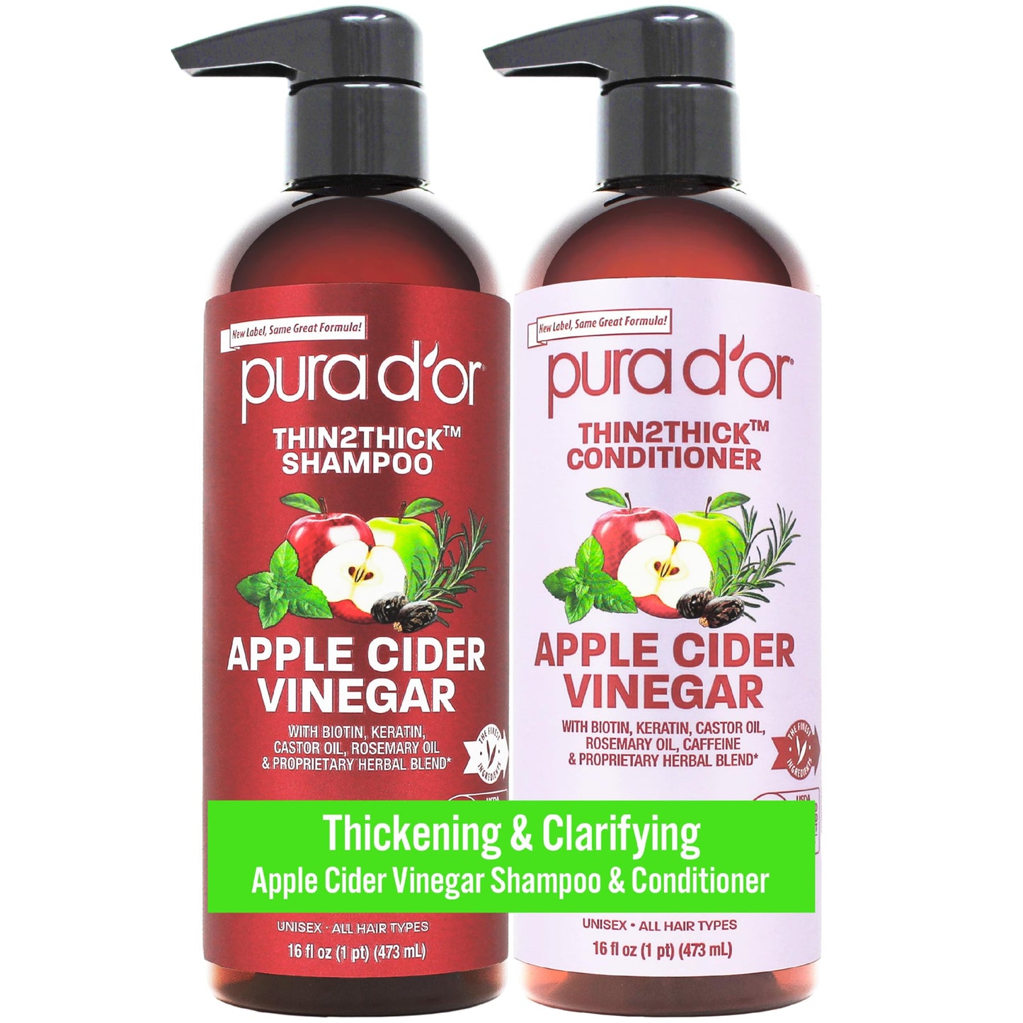PURA D'OR Apple Cider Vinegar Thin2Thick Set Shampoo Conditioner for Regrowth, Hair Loss, Clarifying, Detox (2 x 16oz) Biotin, Keratin, Caffeine