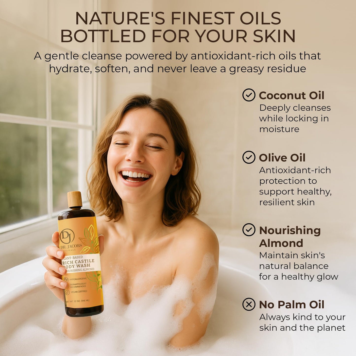 Dr. Jacobs Naturals Pure Castile Soap Liquid Body Wash, Almond - Plant Based Castile Soap Infused with Vitamin E and Aloe Vera to Moisturize Dry