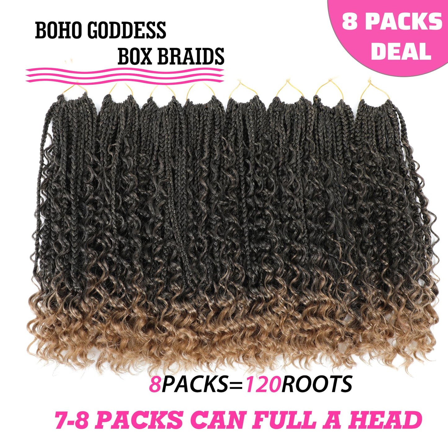 Wodun 14inch Goddess Box Braids Crochet Hair Pre Looped Box-Braids Crochet-Hair with Curly Ends For Black Women Synthetic 3X Bohemian Box Braiding