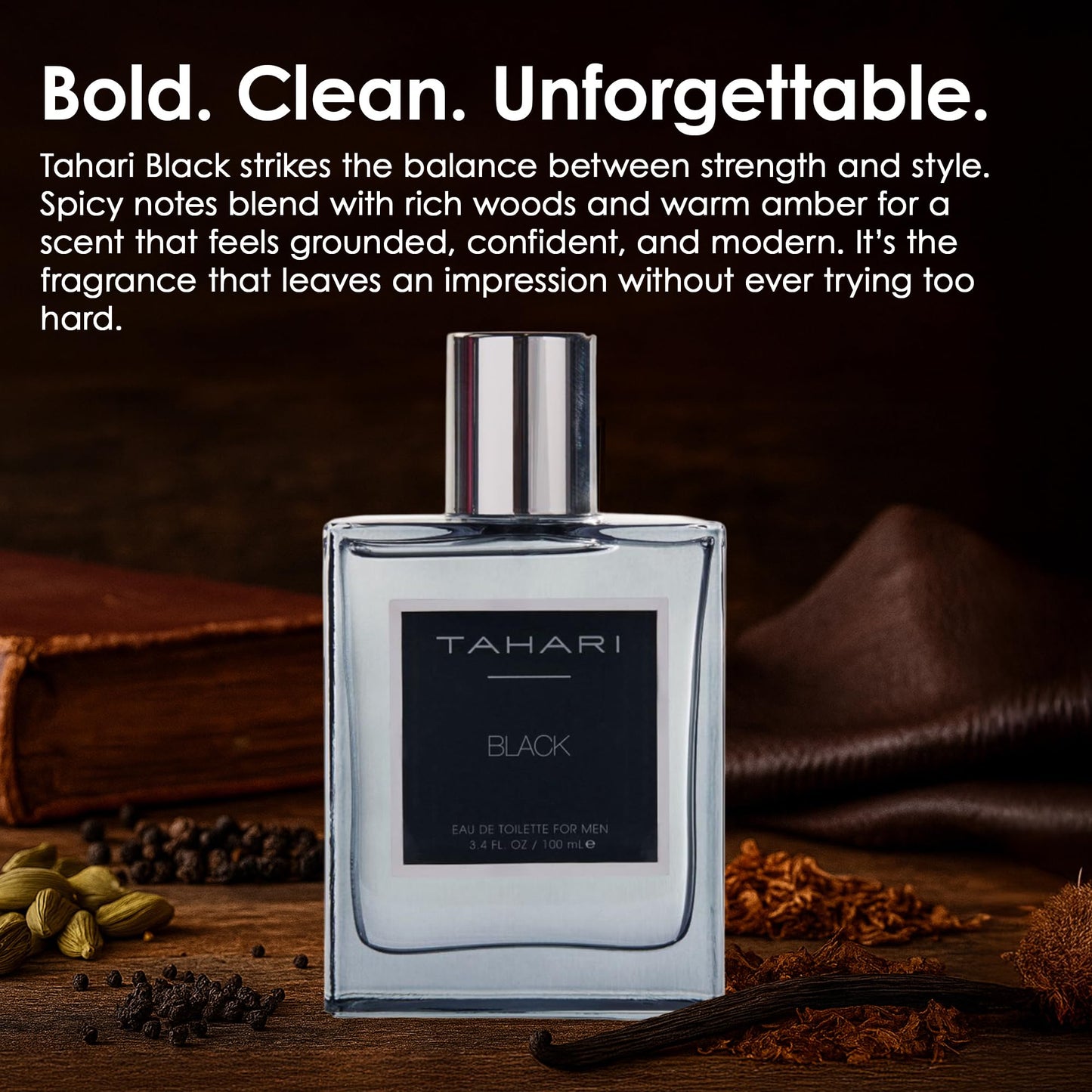 TAHARI Black Eau de Toilette for Men - Long-Lasting Luxury Cologne with Rum, Leather & Tobacco Scent - Bold, Rich Unforgettable Men’s Fragrance Spray