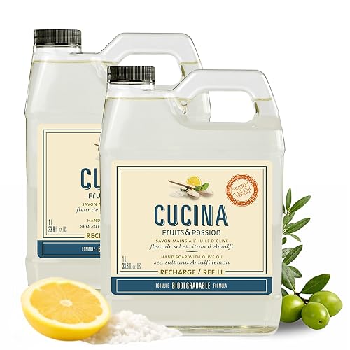 Cucina Fruits & Passion Hand Soap Refill, Sea Salt & Amalfi Lemon, 33.8 fl oz (1L) Each, 2-Pack, Biodegradable Liquid Hand Soap with Olive Oil