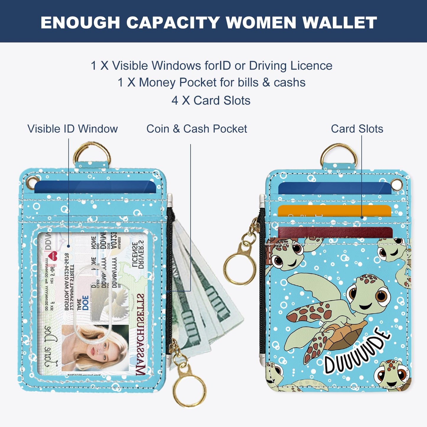 datoucat slim wallet credit card holder, sea turtles, rfid women cute small front pocket with zipper, pu leather thin travel blocking case id…