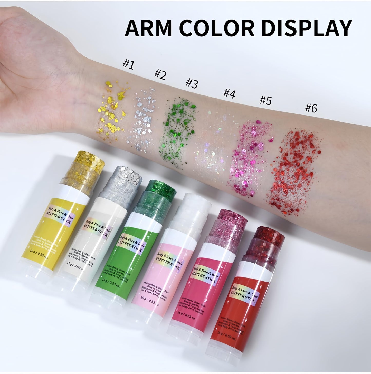 MAEPEOR Body Glitter Stick 6 Colors Holographic Mermaid Sequins Chunky Face Glitter Stick Singer Concerts or Music Festival Rave Body Makeup (Color