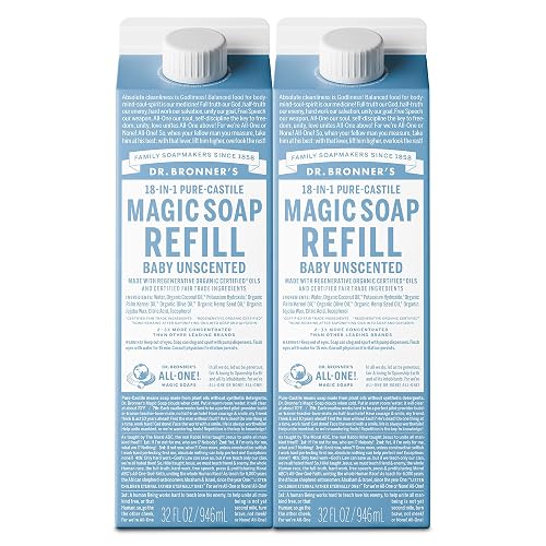 Dr. Bronner's Magic Soap-Pure-Castile Liquid Refill (Baby Unscented, 32 ounce, 2-Pack) - Made with Regenerative Organic Certified Oils, For Body