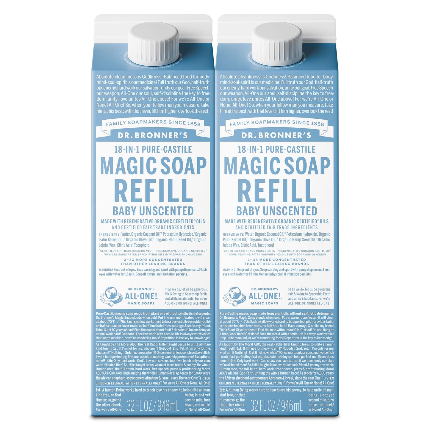 Dr. Bronner's Magic Soap-Pure-Castile Liquid Refill (Baby Unscented, 32 ounce, 2-Pack) - Made with Regenerative Organic Certified Oils, For Body