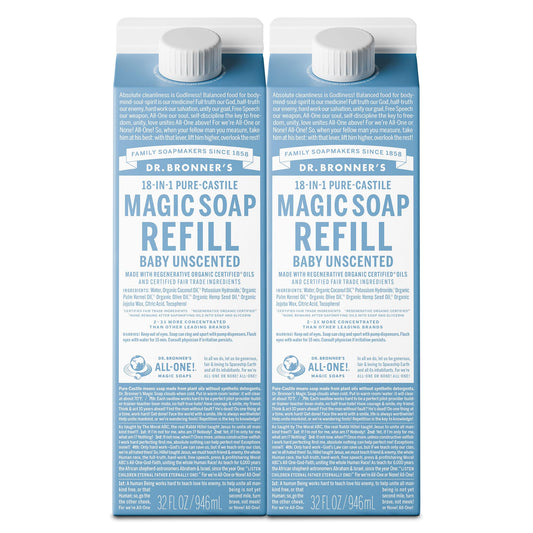 Dr. Bronner's Magic Soap-Pure-Castile Liquid Refill (Baby Unscented, 32 ounce, 2-Pack) - Made with Regenerative Organic Certified Oils, For Body Beauty & Personal Care Dr. Bronner's