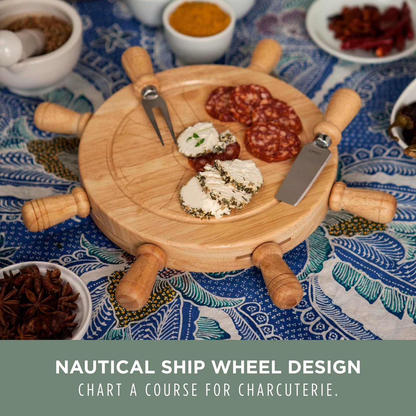 PICNIC TIME Mariner Cheese Board and Knife Set, Novelty Charcuterie Board Set with Stainless Steel Tools Housed in Helm Case Under the Lid…