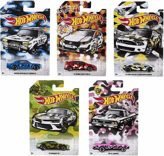 Hot Wheels Mattel 2019 Urban Camo Series Complete Bundle of 5 Die‑Cast Vehicles, Camouflage Graphics, 1:64 Scale, Ages 3+