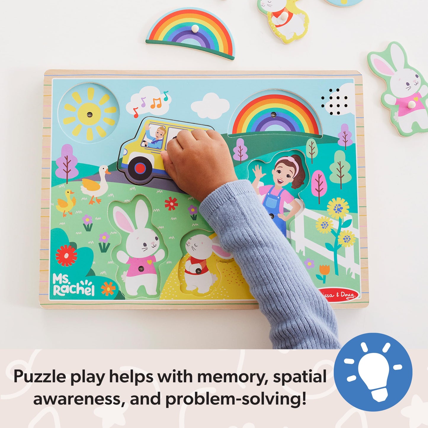 Melissa & Doug Ms. Rachel Wooden Song Peg Puzzle – 6-Piece Light-Activated Sound Puzzle with Full Songs, Toddler Toy for Ages 2–5, FSC Certified