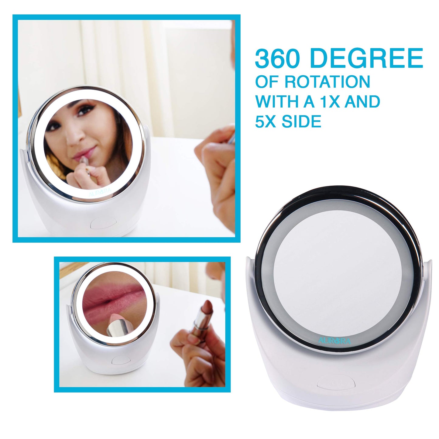 Aurora Health & Beauty 1x/5x Led Vanity/Makeup Mirror, 360 Rotation, Portable With Led Ring