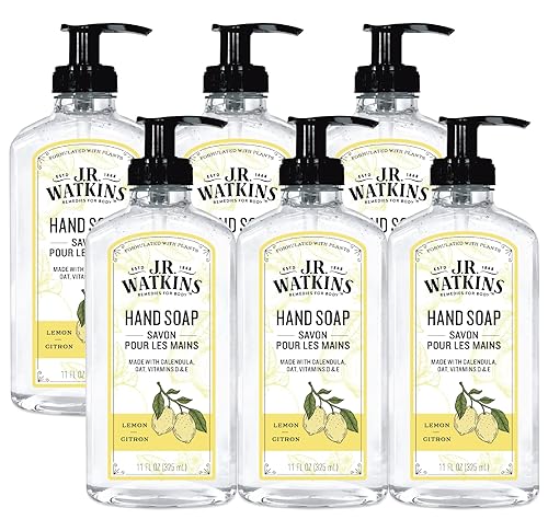 J.R. Watkins Gel Hand Soap, Scented Liquid Hand Wash for Bathroom or Kitchen, USA Made and Cruelty Free, 11 fl oz, Lemon, 6 Pack
