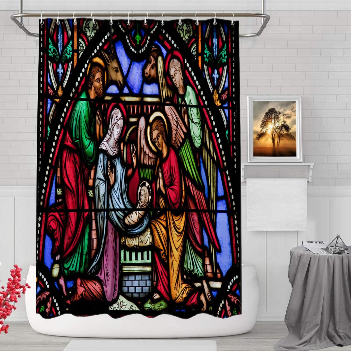 BaoNews Christmas Decorative Shower Curtain, Christmas Stained Glass AngelDecor Shower Curtain for Shower Stall Bathroom Resistant Waterpro…