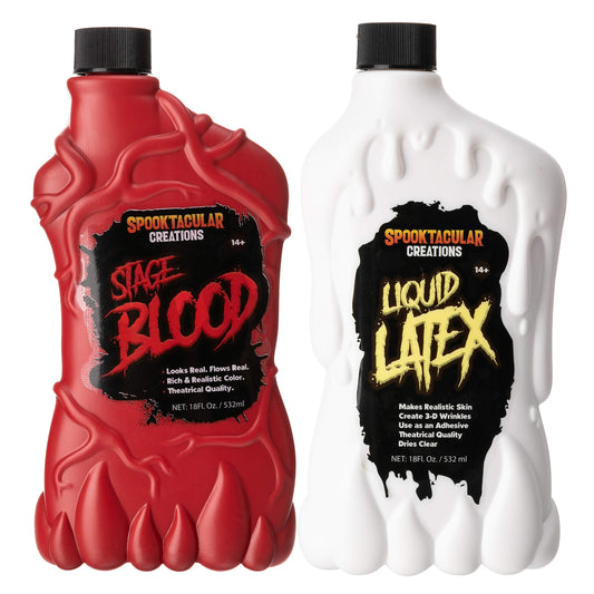Spooktacular Creations 18 oz Liquid Latex & 18 oz Halloween Blood Bottle Fake Blood Stage Blood for Halloween Costume, Zombie and Monster Makeup