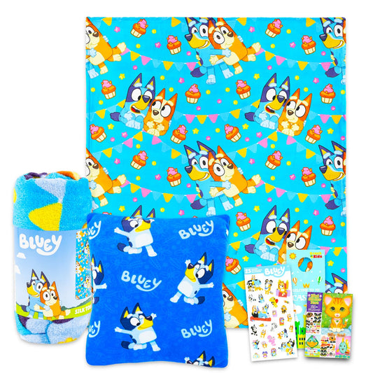 Bluey Travel Blanket and Pillow Set - Bundle with 40"x 50" Throw Blanket, Plush Pillow, Stickers, More | Bluey and Bingo Travel Accessories for Kids,…