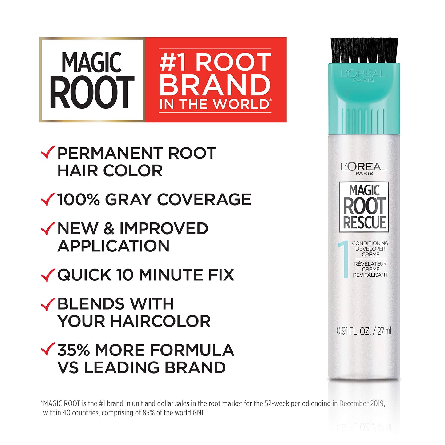 L'Oreal Paris Magic Root Rescue 10 Minute Root Hair Coloring Kit, Permanent Hair Color with Quick Precision Applicator, 100 percent Gray Coverage, 5G