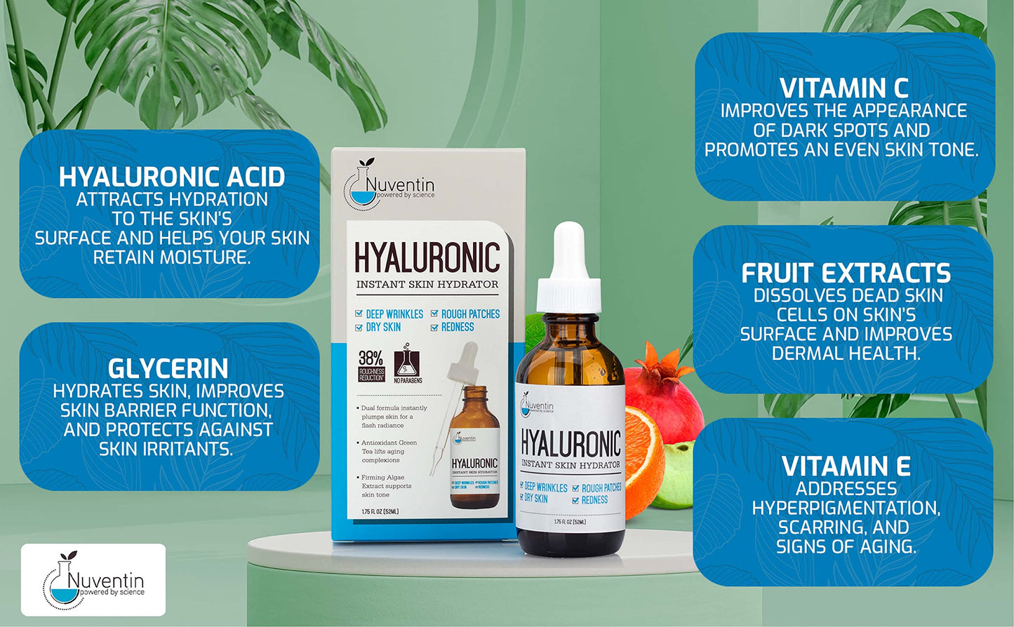 Nuventin Hyaluronic Acid Serum Anti Aging Skin Care Facial Booster For Face - Hydro-Boost Moisturizer Booster W/Vitamin C & Vitamin E For Wrinkles