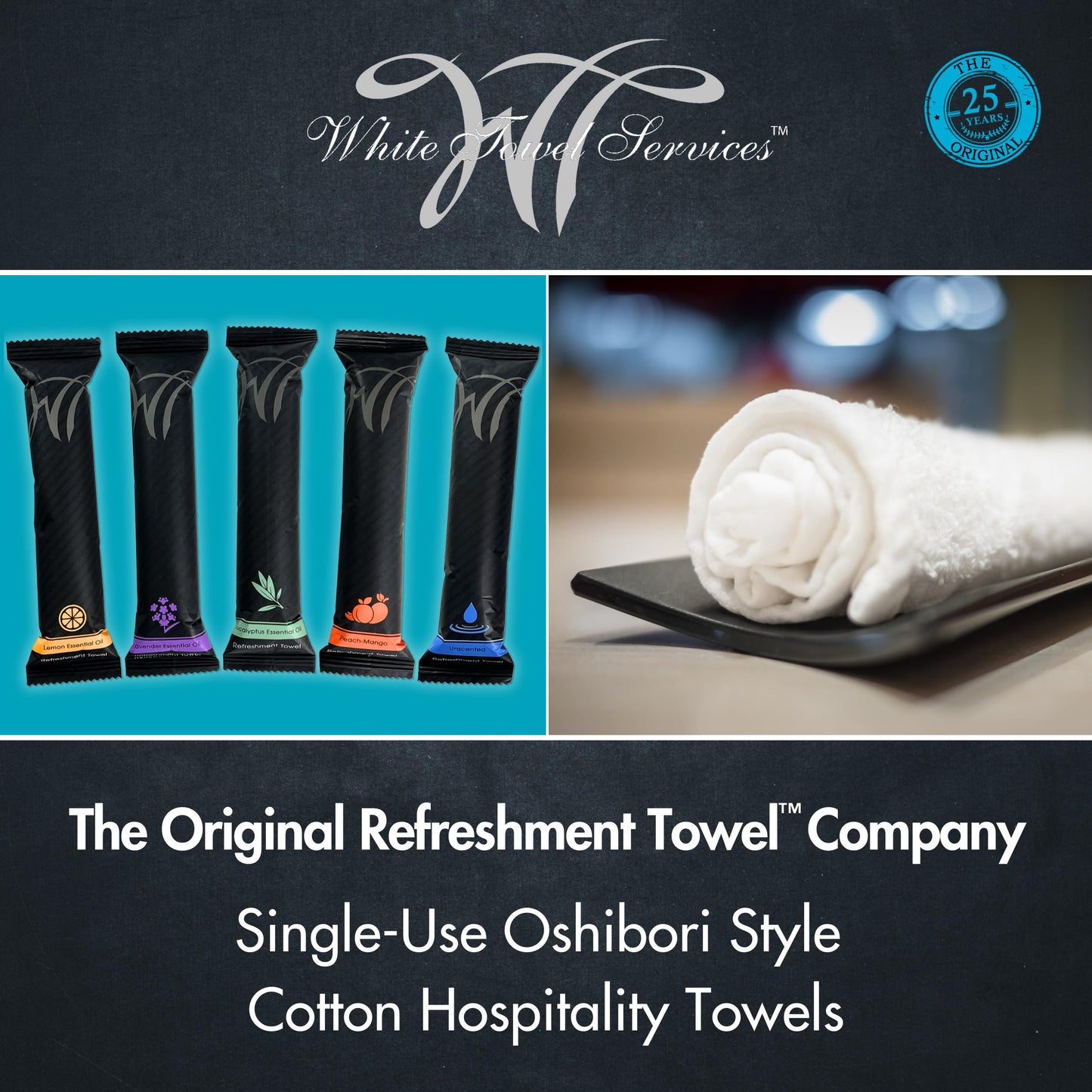 White Towel Services 8" x 8in Moist Cotton Towel Individually Wrapped - Lavender (Case of 50) - Single-Use Oshibori Style Cotton Hospitality Towels