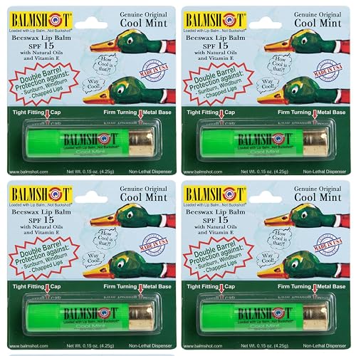 BALMSHOT Cool Mint Lip Balm SPF 15 (4-Pack) - Beeswax Chapstick for Men & Women, Deep Moisturizing Lip Repair for Dry Cracked Lips, 20-Gauge Brass