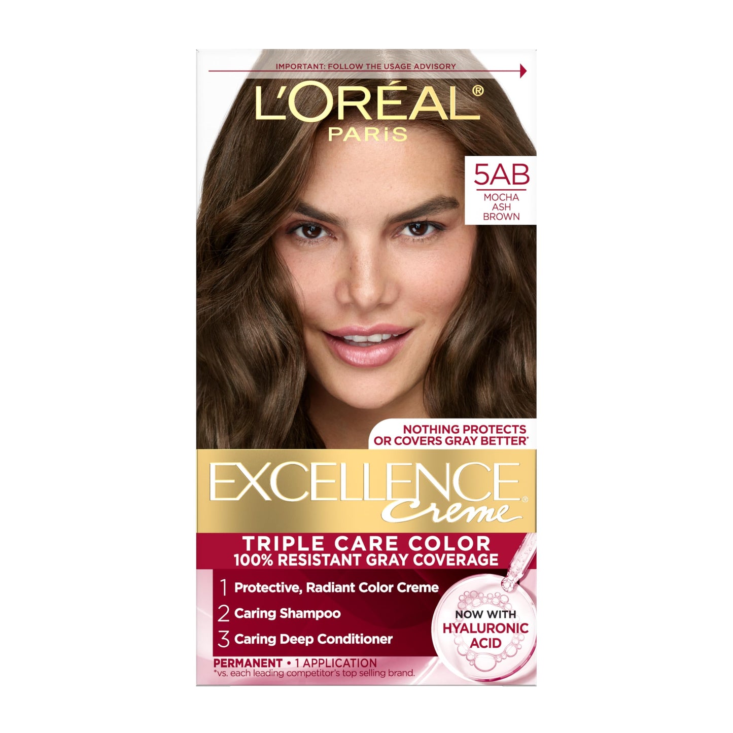 L'Oreal Paris Excellence Crème Permanent Hair Dye, Triple Care Hair Color with Hyaluronic Acid for 100% Gray Coverage, 5AB Mocha Ash Brown, 1 Kit