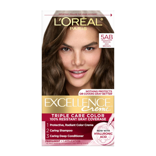 L'Oreal Paris Excellence Crème Permanent Hair Dye, Triple Care Hair Color with Hyaluronic Acid for 100% Gray Coverage, 5AB Mocha Ash Brown, 1 Kit