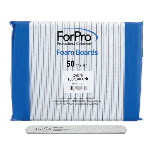 ForPro Professional Collection Zebra Foam Board, 100/180 Grit, Double-Sided Manicure Nail File, 7" L x .75" W 50-Count