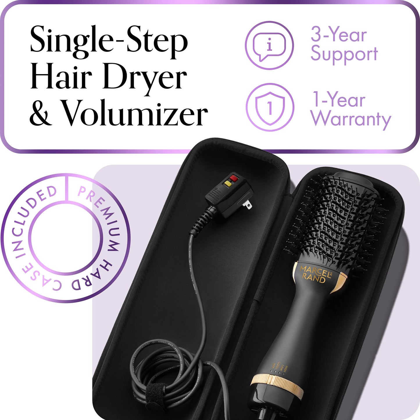 Professional 2 in 1 Volumizing Oval Hair Brush Dryer for Women, 75MM with Hard Travel Case and Premium Gift Box, Black & Gold
