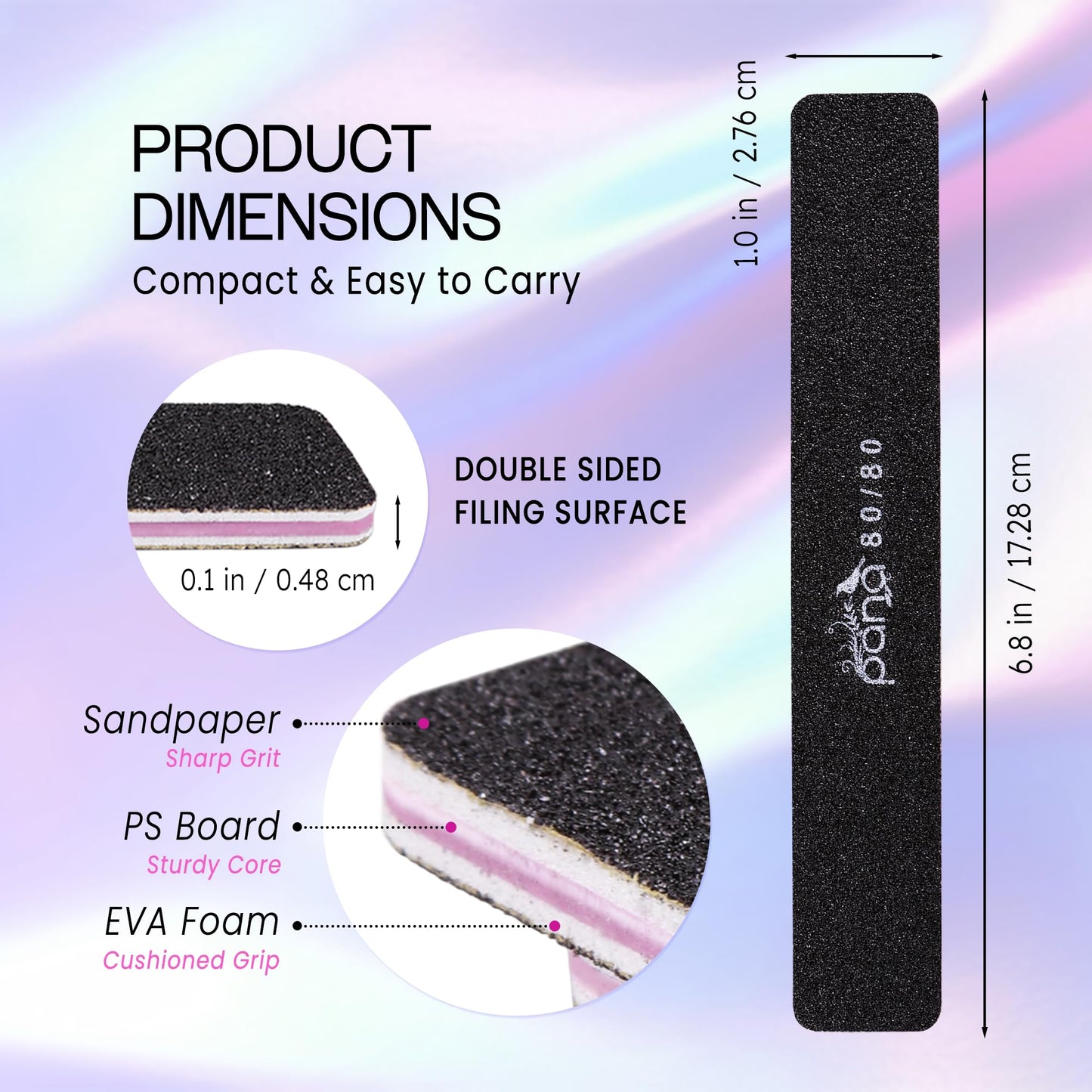 PANA Jumbo Double-Sided Emery Nail File for Manicure, Pedicure, Natural, and Acrylic Nails - Black (Grit 80/80) - 50 Piece Pack