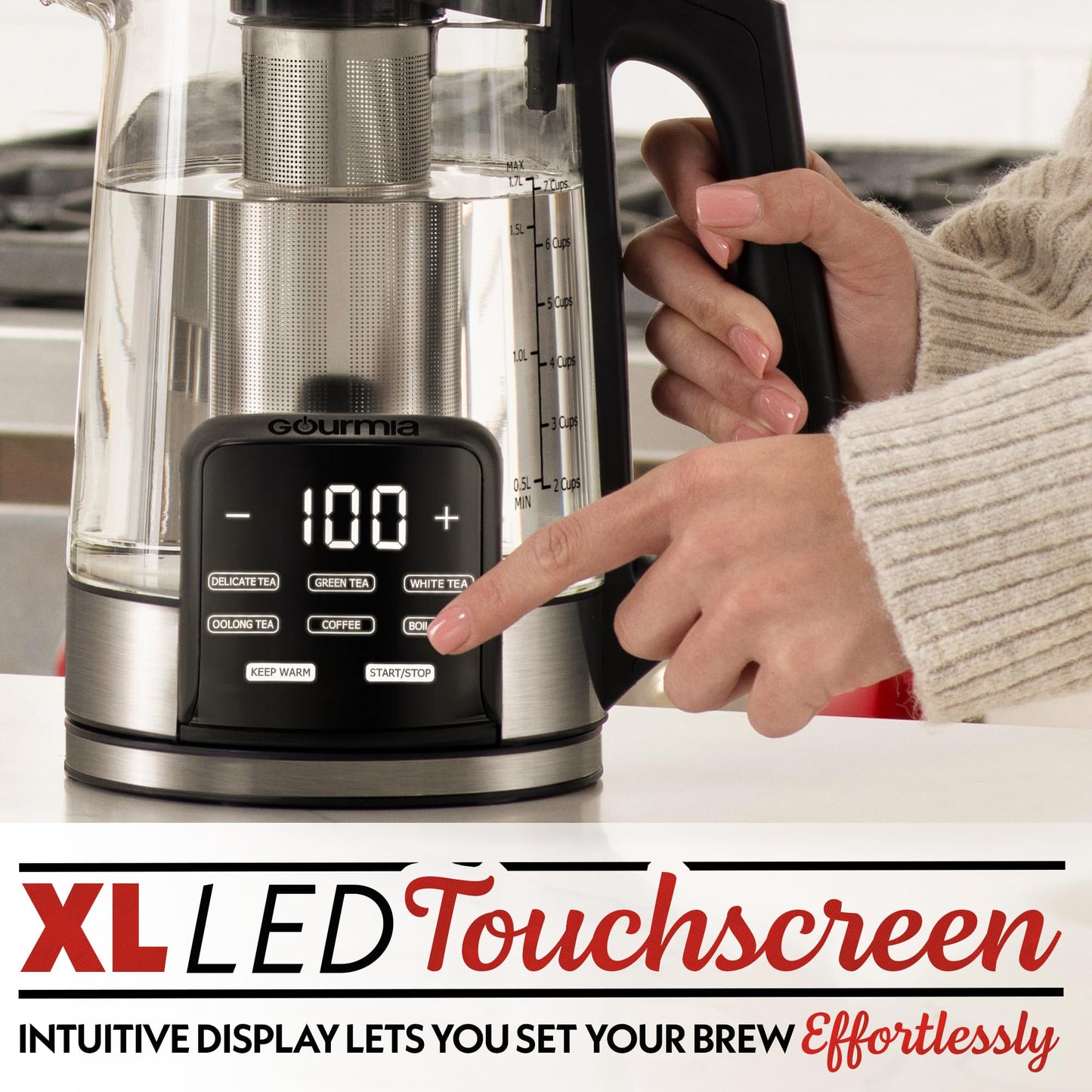 Gourmia Electric Programmable Glass Kettle - 1.7L Temperature Control Tea & Coffee Kettle with Digital Touch Display, 6 Presets, Keep Warm, Removable…