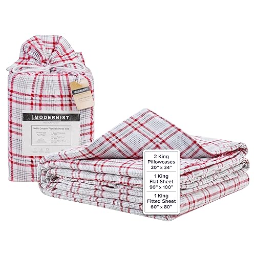 Gravity Modernist Flannel Bed Sheet Set, King (Red Plaid) - 100% Cotton Plaid Bedsheets - Includes Deep Pocket Fitted Sheet, Top Sheet & Pillowcases -