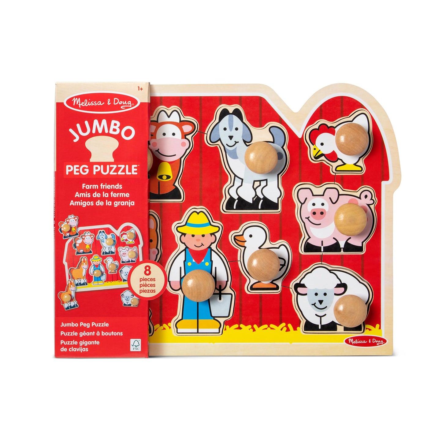 Melissa & Doug Farm Animals Jumbo Knob Wooden Puzzle – Toddler Peg Puzzle Toy for Shape Recognition & Fine Motor Skills, Ages 1+