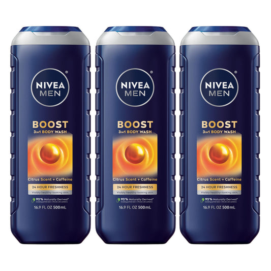 NIVEA MEN Boost Body Wash, Citrus Scent and Caffeine Enriched, 3-in-1 Men's Body Wash, Face and Hair, Paraben Free, Vegan Formula, 16.9 Fl Oz Bottle