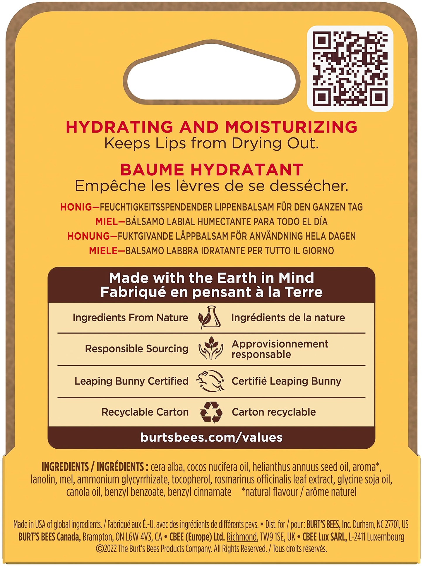 Burt's Bees 100% Natural Moisturizing Lip Balm, Honey with Beeswax - 1 Tube, 0.15 Ounce