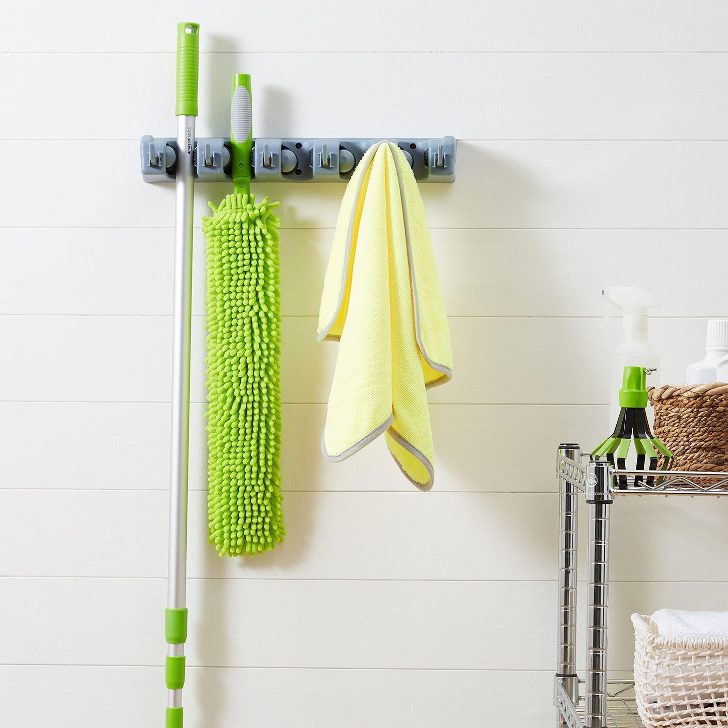 Amazon Basics Wall-Mount Broom & Mop Holder – Heavy-Duty Storage Organizer with Hooks & Slots for Home, Garage, Garden, Laundry, Gray