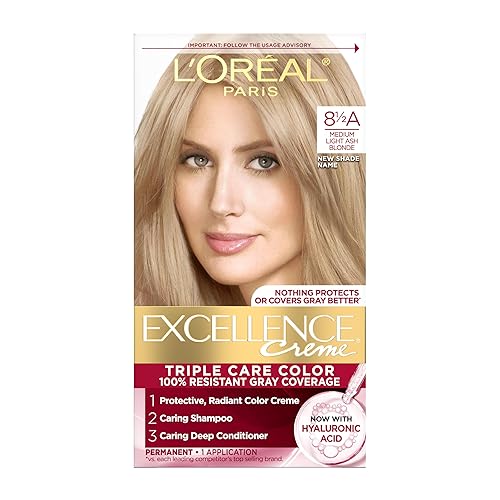 L'Oreal Paris Excellence Crème Permanent Hair Dye, Triple Care Hair Color with Hyaluronic Acid for 100% Gray Coverage, 8.5A Medium Light Ash Blonde, 1