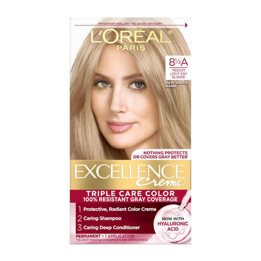 L'Oreal Paris Excellence Crème Permanent Hair Dye, Triple Care Hair Color with Hyaluronic Acid for 100% Gray Coverage, 8.5A Medium Light Ash Blonde, 1