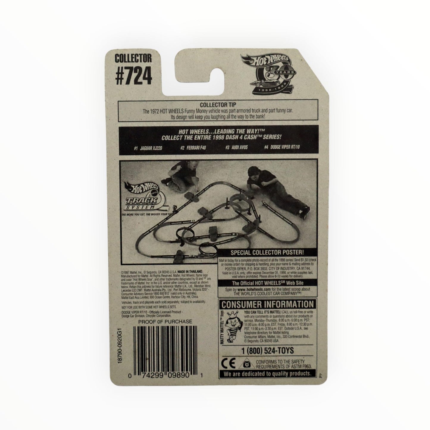 Hot Wheels - 1998 - Dash 4 Cash Series - Dodge Viper RT/10 - Special $20 Bill Paint Job - Collector #724 - Limited Edition - Collectible 1:64 Scale