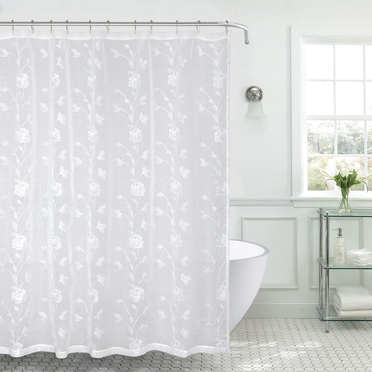 Serafina Decorative Sheer Fabric Shower Curtain: Two Toned White with White Embroidered Flowers and Metallic Threading (White/White)